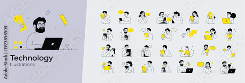 Modern diverse people interacting with technology, using smartphones, laptops, and tablets in a flat design style with yellow accents.
