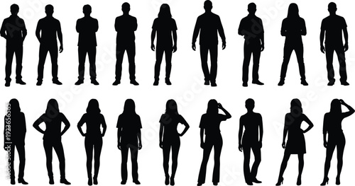 Collection of standing men and women silhouettes in various casual poses, front view human figures isolated on white background for design use