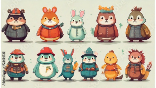 Cute cartoon animals in various professions flat vector set for kids illustration