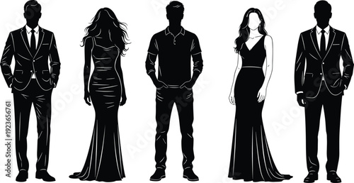 Elegant men and women silhouettes in formal and casual fashion outfits, black stylish human figures isolated on white background for design use