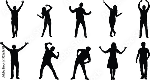 Black silhouette set of people celebrating, diverse men and women with arms raised, happy figures dancing and cheering isolated white.