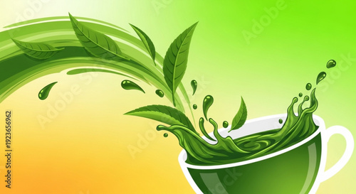 Green tea splashing out of a cup with leaves on a gradient background