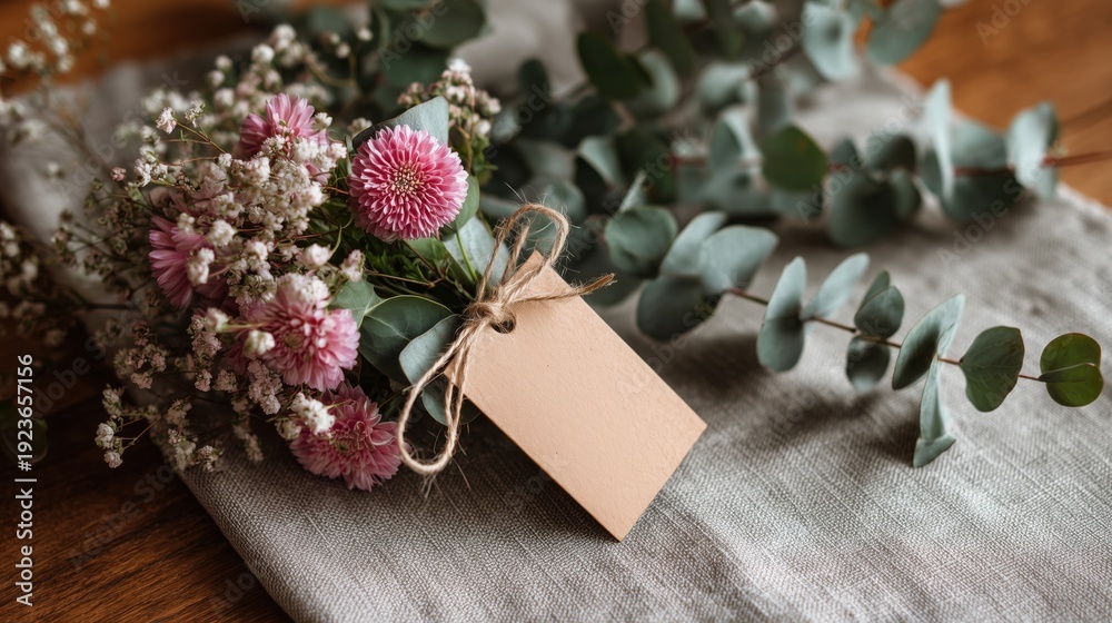 Fototapeta premium Spring flower bouquet with baby's breath and blank label on natural fabric background