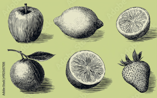 A black and white illustration of various fruits on a green background