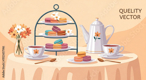 Afternoon tea setting with macarons and teacups on a round table with floral decor