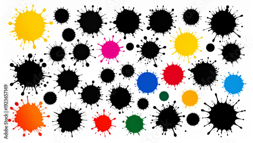 Ink paint splatter vector collection colorful and black splash blot shapes for grunge design