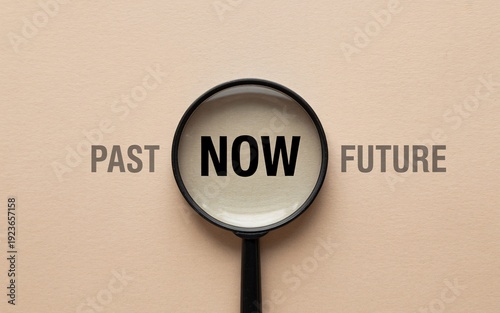 Time management concept with magnifying glass on past now future