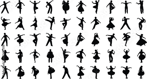 Large collection of dancing people silhouettes in dynamic poses, men and women performing ballet and modern dance, artistic movement illustration isolated on white background