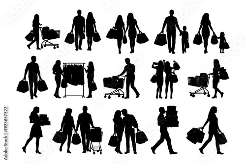 Silhouettes of people shopping: various ages and genders with bags and carts.