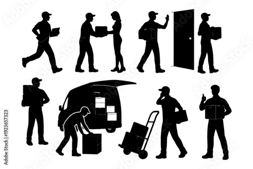 Silhouette illustrations of delivery workers in various actions with packages and van.