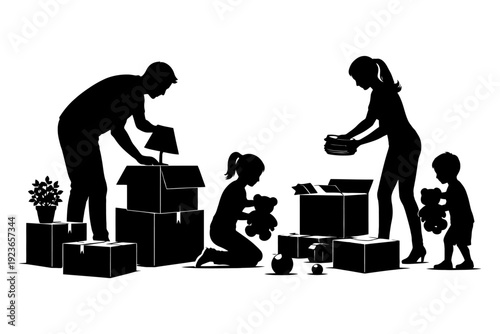 Silhouette family moving: packing boxes and organizing possessions.