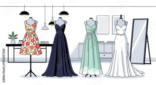 Four elegant dress mannequins in a fashion design studio with colorful gowns on display