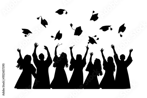 Silhouette of diverse young graduates celebrating with caps in the air.