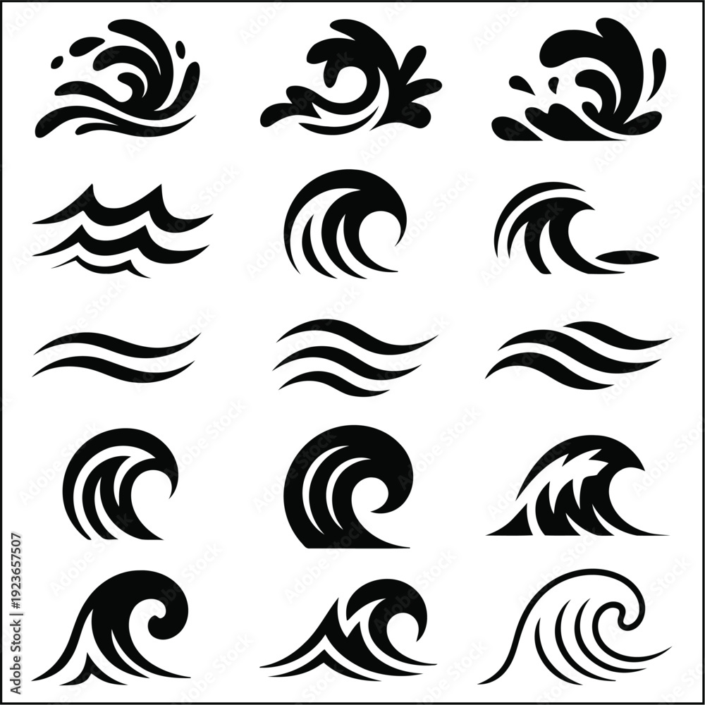 Fototapeta premium Black and White Wave Icons Collection: Stylized Aquatic Swirls Vector Illustration