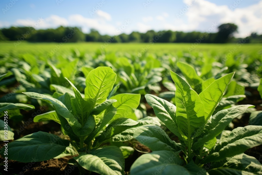 Obraz premium Green tobacco plants thriving in a vast farm field under clear blue skies