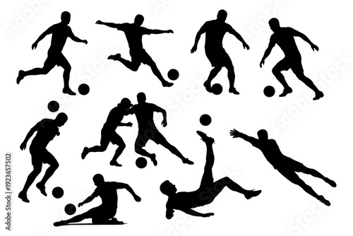 Silhouettes of male soccer players in dynamic action poses.