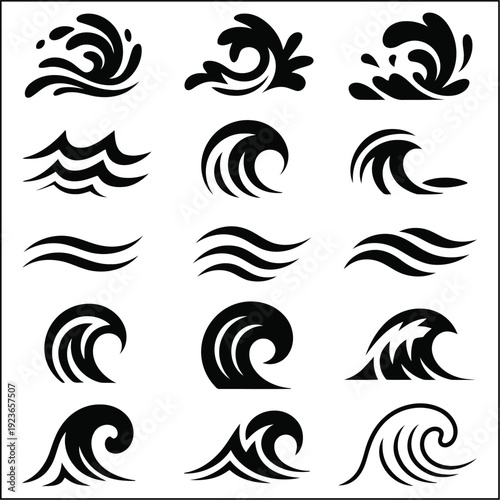 Black and White Wave Icons Collection: Stylized Aquatic Swirls Vector Illustration