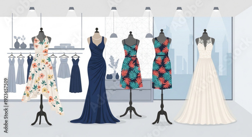 Fashion dresses on mannequins in modern clothing store with city view