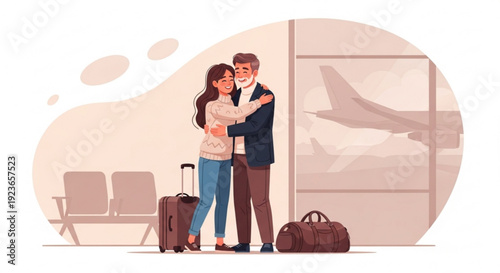 Couple embracing at airport with luggage man and woman hugging near plane window
