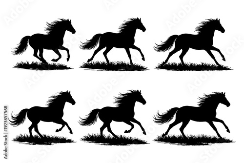 Silhouette of galloping horses on grass.