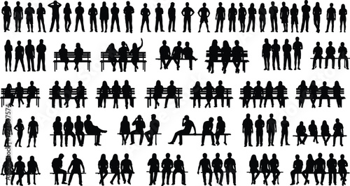 Large collection of people silhouettes standing and sitting on benches, men and women figures, social behavior illustration isolated on white background