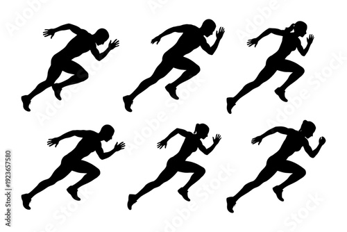 Silhouette of athletes running: dynamic male and female figures in motion.
