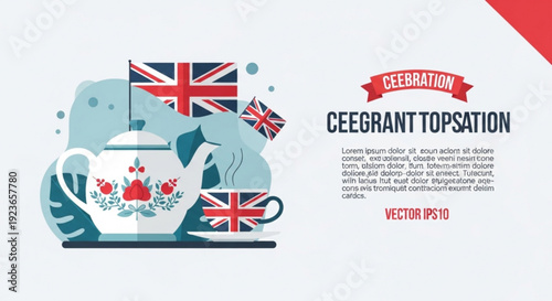 British tea party celebration with floral teapot and union jack flags on white background
