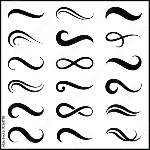 Decorative Swirls and Flourishes Collection, Black Calligraphy Elements, Vector Illustration