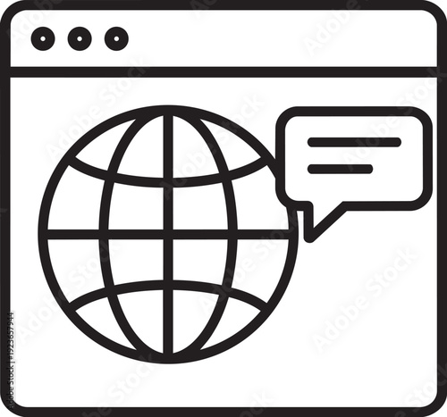 web browser window displaying globe icon representing internet surfing and worldwide web access in line art