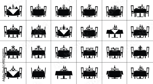 Restaurant Dining Table Furniture Silhouette Set Dinner Romantic Candlelight Wine Glass Chairs Interior Decor Banquet Cafe Tableware Service Hospitality Illustration Vector Collection