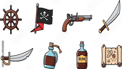 Pirate Adventure Cartoon Icon Set with Ship Wheel Jolly Roger Flag Flintlock Pistol Cutlass Rum Bottle and Treasure Map Vector Police Stop