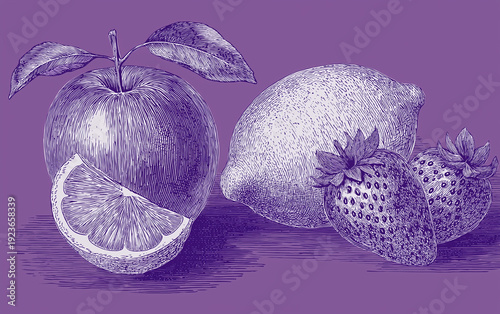 A purple illustration of fresh fruits including an apple and strawberries