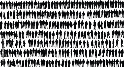 People silhouette crowd collection, large group of standing and walking human figures illustration for population concept, infographic design, icon, and vector use