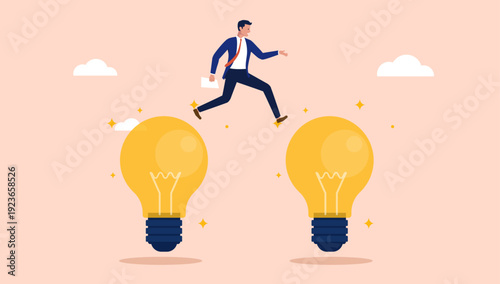 Businessman jumping between light bulbs representing the transition from one creative idea to another, concept of innovation, problem solving, and professional growth, flat design vector illustration