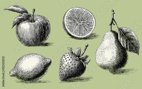 A black and white illustration of various fruits on a green background