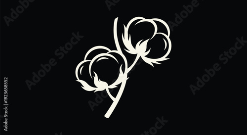 Cotton Branch Monoline Outline on Black – Off-White Minimal Cotton Bolls Vector Line Art