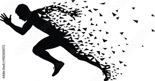 Running man silhouette with geometric particle dispersion effect, dynamic speed motion concept, black vector isolated illustration on white background