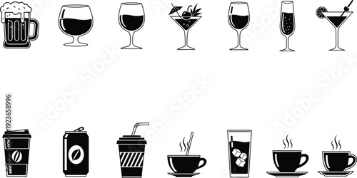 Set of drink and beverage icons including beer, wine, cocktails, coffee and soft drinks, minimal black symbols isolated on white background