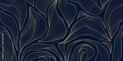 Elegant gold line floral pattern, leaves, botanical elements dark background. Luxury vector illustration, Art Deco, Nouveau, Japanese ornament, vintage aesthetic, wallpapers, wedding card.