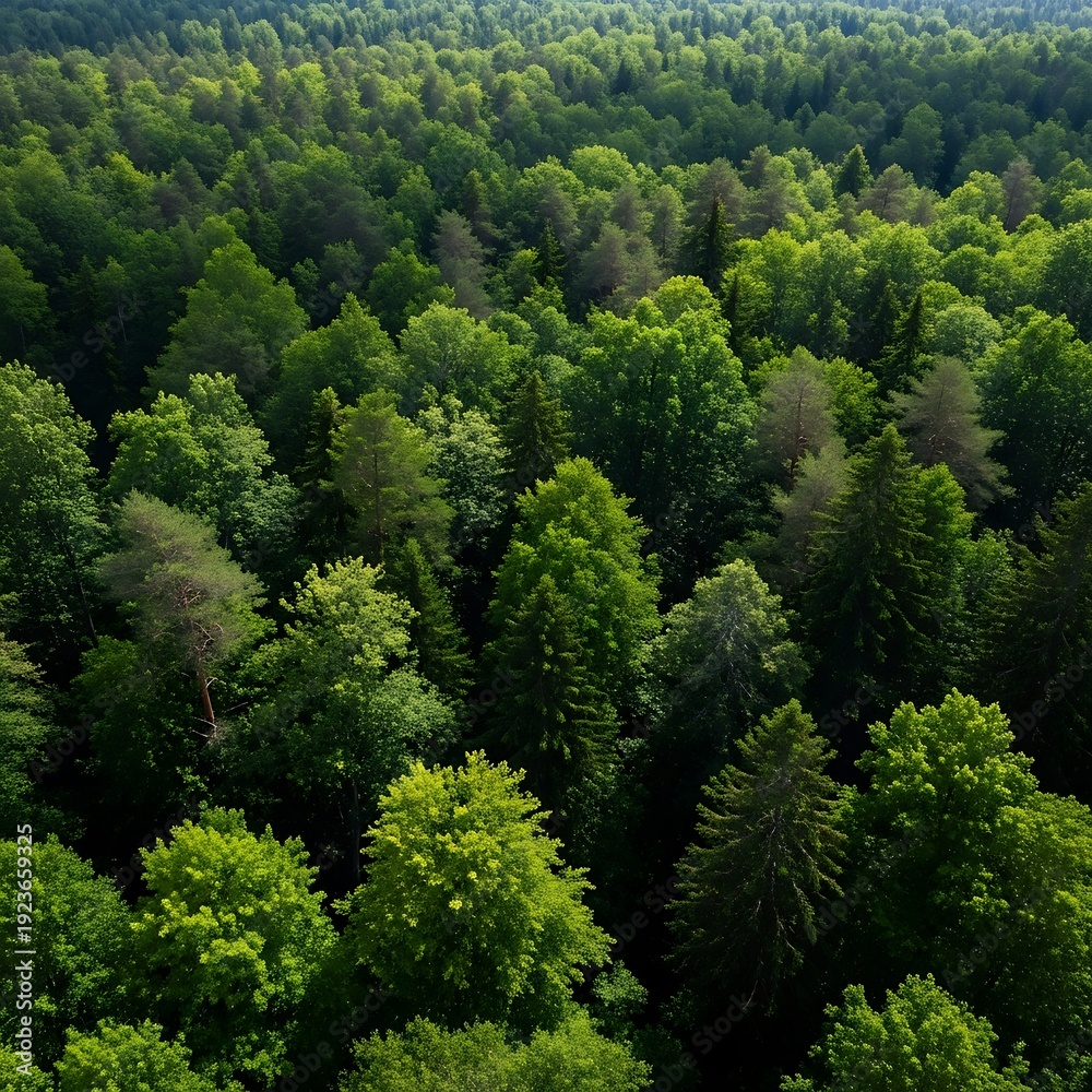 Obraz premium Vast and lush green forest canopy, a breathtaking aerial view of dense woodland teeming with life and natural beauty