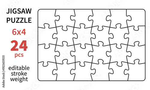 Cutting lines grid design for kids jigsaw puzzle. Jigsaw puzzle blank template. 24 pieces. Editable stroke weight. Vector illustration.