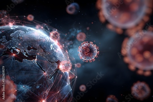 Global pandemic spread showing interconnected world with virus particles circulating worldwide affecting all nations and countries representing international crisis and health emergency threat