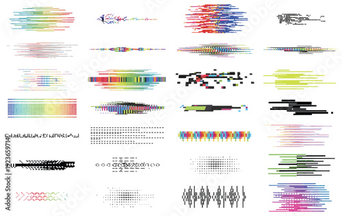 Glitch Collection with TV Noise Effects, Monitor Signal Decay and Screen Bug Distortion, Digital Data Glitched Signal Texture Vector Set for Futuristic Design Projects