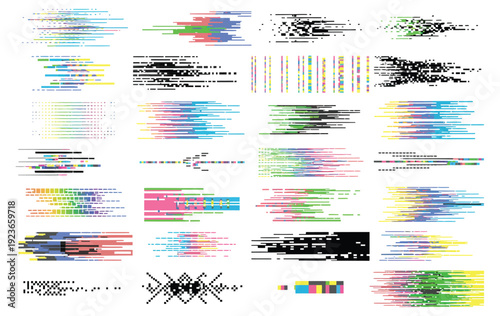 Glitch Collection with TV Noise Effects, Monitor Signal Decay and Screen Bug Distortion, Digital Data Glitched Signal Texture Vector Set for Futuristic Design Projects