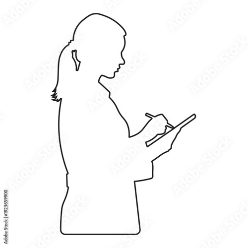 Silhouette of a woman with a stylus on a digital tablet or notepad