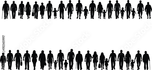 Silhouettes of people walking in line across generations, elderly, adults and children holding hands, family unity and social diversity illustration isolated on white background