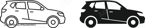 Set of modern SUV car icons in line art and solid black silhouette styles for automotive transport vehicle and city driving on white background