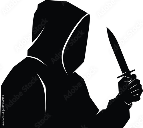 Hooded criminal silhouette with knife, dangerous masked attacker icon isolated on white background for crime concept