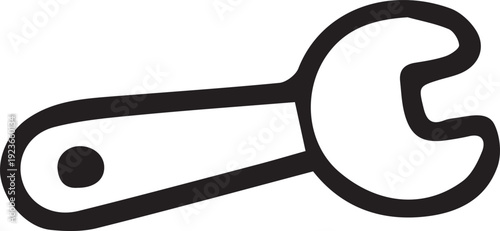 Black-and-white hand-drawn doodle of a wrench in simple line art style. Perfect for DIY, tools, mechanics, engineering, and educational projects. Clear, bold lines and a transparent background make it
