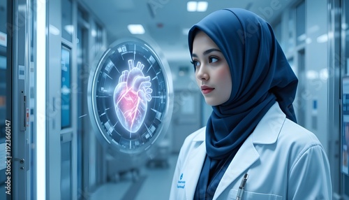 A female doctor in a crisp white coat and a hijab stands in a spotless hospital setting, gazing intently at a futuristic digital holographic display projecting a 3D image of a beating heart, the soft 